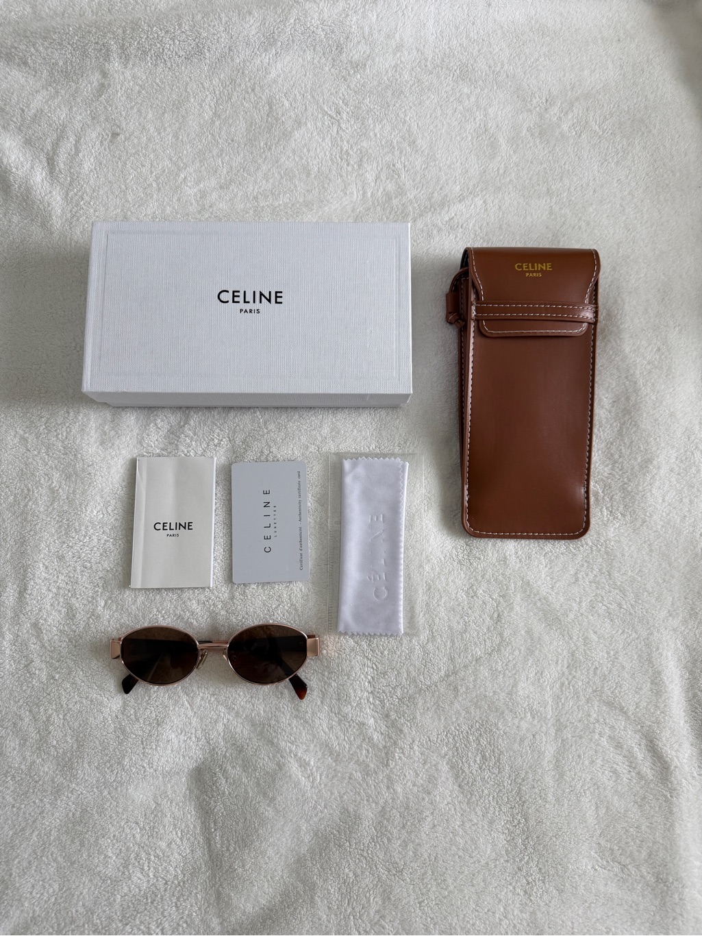 Celine Brown Leather Sunglasses Pouch With Gold Logo And Brown Lenses